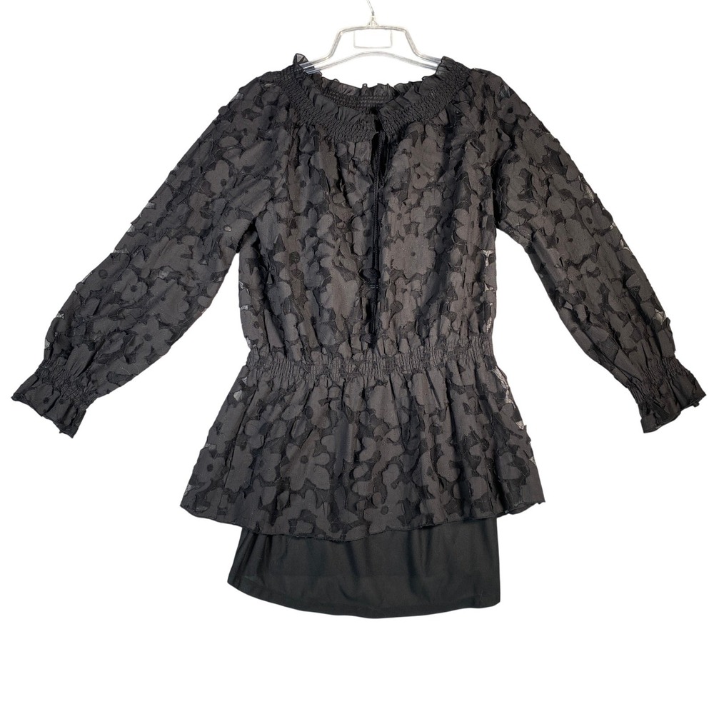Willi Smith Black Floral Burnout Mesh Peplum Top with Cami L